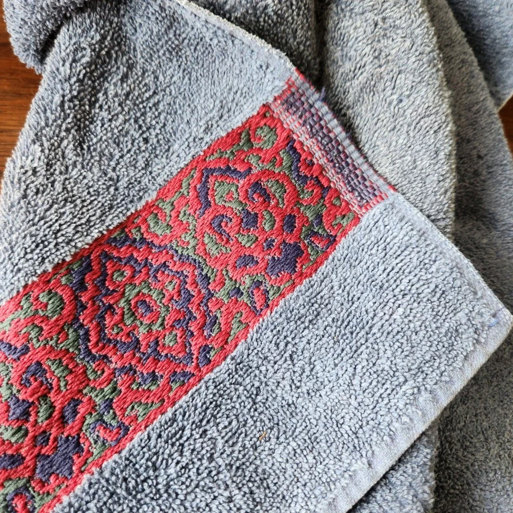 Vintage Denim Blue Hand Towels‎ (2) with Jacquard Medallion Woven Trim